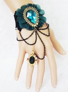 Hot style Korean version of lolita black lace female bracelet with ring integrated chain fashion classic elegant