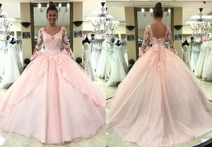 2018 Moda Juliet Długie Rękawy Quinceanera Prom Dresses Ball Suknia V Neck Illusion Lace Aplikacja V Neck Tulle Sweet 16 Party Dress