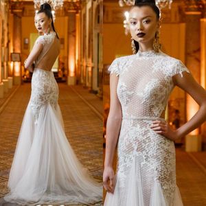 Berta Spring 2018 Wedding Dress Sexy Illusion Lace Appliques Mermaid Bridal Gowns Backless Tulle Wedding Dresses