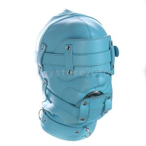 Bondage SM Heavy Duty Blue Leather Full Head Hood Gear Mask Mouth Plug Blind Fold # R87