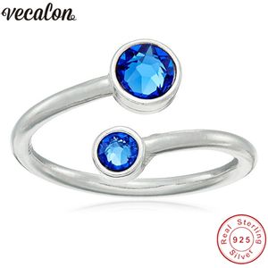 Vecalon Real Soild 925 Sterling Silver Ring Blue Zircon Crystal Engagement Bröllop Band Ringar för Kvinnor Män Present