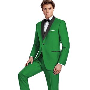 Новое прибытие Groomsmen зеленый Groom Tuxedos шаль черный отворот Мужские костюмы Свадебные Шафер (куртка Жених + брюки + жилет + галстук) L187