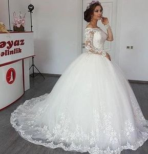 Long Sleeves Vintage Plus Size Lace Ball Gown Wedding Dresses Applique Sweep Train Wedding Dress Bridal Gowns vestido de novia robe