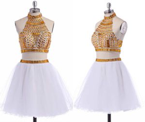 Free Shipping White Gold Two Piece Quinceanera Dresses Online Crystal Beaded Short Sweet Homecoming Dresses Cocktail Prom Dresses HY978