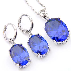 Novel Luckyshine 5 Sets Delicate Ellipse Fire Blue Topaz Cubic Zirconia 925 Silver Pendants Necklaces Earrings Gift Wedding Jewelry Sets