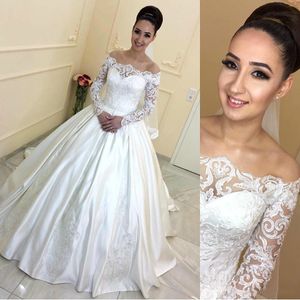 Vintage Satin Lace Bateau Neck Wedding Dresses Bride Long Sleeve Arabic Plus Size Saudi Arabia Dubai African Bridal Gowns Ball Formal Custom