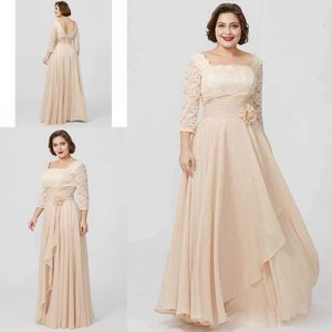 Elegant Champagne Lace Mother of the Bride Dresses Plus Size Evening Gowns A Line 3/4 Långärmad Bröllop Gästklänning