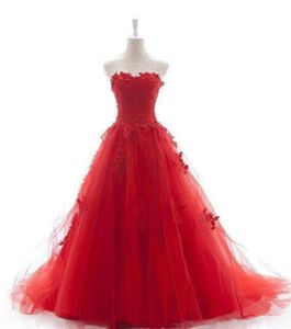 Red Ball Gown Wedding Dress Sweep train Plus Size Wedding Dresses Bridal Gowns Sweetheart Sleeveless Lace-up Back Pleats Tulle with Lace