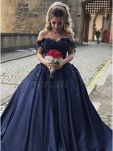 schulterfreies marineblaues Ballkleid, bunte Brautkleider, Perlen-Satin, arabische formelle farbige Brautkleider, nicht weiß, nach Maß