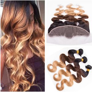 #1B/4/27 Black Brown and Honey Blonde 3Tone Ombre Virgin Peruvian Human Hair Weave Bundles Body Wave with 13x4 Lace Frontal Closure