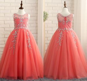 2019 Coral Girls Pageant Dresses Princess Puffy Ball Gown Tulle Jewel Crystal Beading Kids Flower Girls Dresses Birthday Gowns on Sale