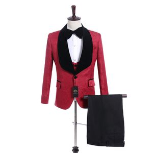 Neue Stil Groomsmen Rot Muster Bräutigam Smoking Schal Schwarz Revers Männer Anzüge Side Vent Hochzeit/Abschlussball Trauzeuge (jacke + Hose + Weste + Krawatte) K918