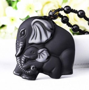 Natural Black Obsidian Hand Carved Cute Elephant Lucky Pendant Beads Necklace