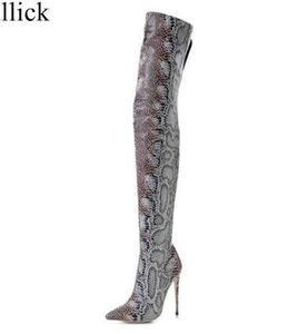2018 Snakeskin Women Boots Siate Toe High Heels Over The Knee Boots Sexy Wąż Drukuj Skórzane Zipper Długie buty Winter Buty