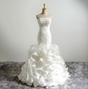 Nowe bez ramiączek syrena organza sukienki ślubne kwiaty Plis długie suknie ślubne sukienka panny mrówka szata de mariage plus size vestido de noiva