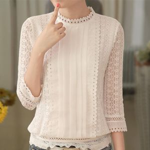 women autumn casual white lace blouse 2016 fashion sexy 3/4 sleeve stand collar crochet tops summer korean shirt clothes A633