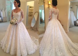 Ultimi abiti da sposa in pizzo a maniche lunghe con scollo rotondo in vendita calda con bottoni sul retro Appliques abiti da sposa in rilievo con perline HY4009