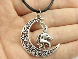 free ship 20pcs/lot Tibetan Silver letter Lucky Horn Horse unicorn Necklace Choker Charms Black Leather Necklace DIY