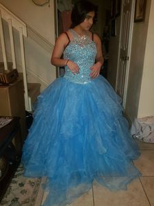 Aqua Quinceanera Dresses Masquerade Ball Gown Beaded Crystal Keyhole Lace-up Back Ruched Organza Halter Long Prom Pageant Dresses for Women