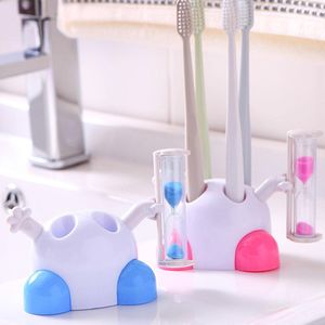 Kids Cute Plastic Stand Toothbrush Holder Rack with 3 Minutes Hourglass Timer Bathroom Tool