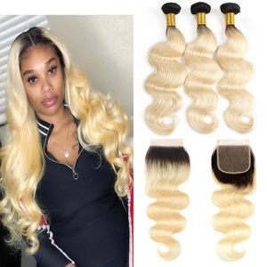 Ombre Blonde Bundles with Closure Body Wave 1B613 Dark Root Blonde Brazilian Human Hair Weave Bundles with 4x4 Part Lace Clo2405969