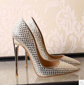 2017 kvinnor pumpar tunna häl 12cm pekande tå bröllop skor sliver spegel leatehr klänning skor mode damer högklackat