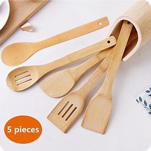 Kaplar Seti Araçlar Pişirme 1pc / 5adet Mutfak Ahşap Spatula Kaşık Turner Bambu