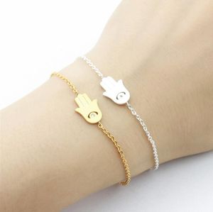 Good Luck Hamsa Charm Bracelet Turkey Evil Eye CZ Fatima Hand Symbol Handmade Jewelry Stainless Steel Silver Gold Color Chain