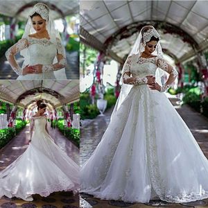 Vintage Linia Suknie Ślubne Illusion Lace Długie Rękawy Suknie Ślubne 2019 Wiosna Lato Sweep Pociąg Tulle Wedding Vestidos Custom Made
