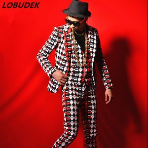 Novelty Printing Jacket Vest Pants 3 Piece Sets Men's Suit Tide Male Punk Singer Stage Outfit Nightclub Star Vocal Concert Performance Wears