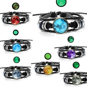 Fashion Luminous Star Series Bracelet Black Handmade time gemstone pingente Rope Weave Multilayer Leather Bracelet Glass Cabochon drop ship