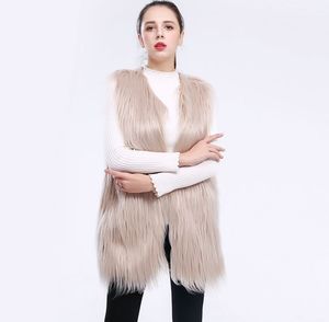 11色ふわふわホワイトフェイクファーベスト秋冬女性長い毛皮のジャケットコートソフトウォームノースリーブプラスサイズアウトウェアパーカーW001