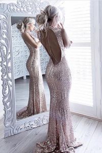 Unik Champagne Rosa Sequined Prom Dresses Mermaid High Neck Sweep Train 2017 Aftonklänning Skräddarsydda Party Gowns