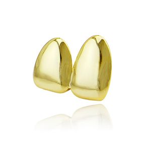 Новый Прибывший Double Caps 18K желтое золото Цвет покрыло Grillz Canine Plain два зуба правой Top Свободна Колпачки Грили