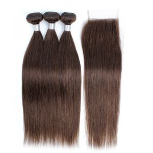 Kiss Hair Color 4 Шоколадно-коричневые прямые волосы 3 пучка с кружевной закрытием Сырые девственницы Индийская реми наращивания волос