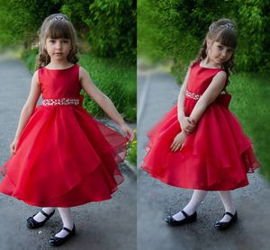 Prenses Kırmızı Kısa Çiçek Kız Elbise Kristal Boncuklu Kanat Yay Organze Saten Çay Boyu Çocuk Doğum Günü Partisi Elbiseler Kızlar Pageant elbise