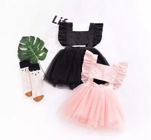 Cute Backless Baby girl dress Tutu dresses Kids clothes Ruffles Sleeve Bow Cross Soft Tulle Boutique girl clothing Summer Pink Black B11