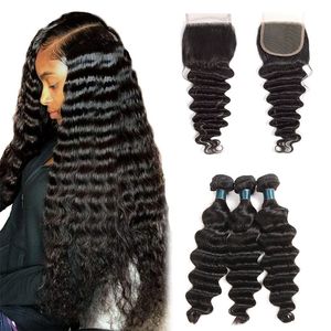 Wholesale Brazilian Virgin Human Hair 3 Bundles With Lace Closure 100% Unprocessed Human Hair Loose Deep Wave Bundles With Closure