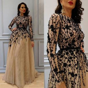 Prom Gorgeous Beading Gown with Long Sleeves Flowers Lace Crew Neckline Evening Dresses Champagne Elegant Womens Dress Plus Size Formal Wear