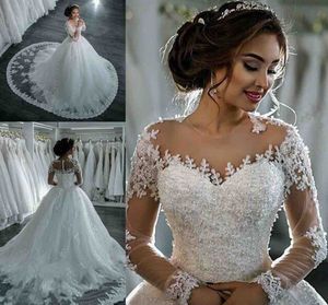 Vintage Lace Ball Gown Wedding Dress Illusion Long Sleeve Beaded Appliques Puffy Bridal Gown with Train Vestido De Novia