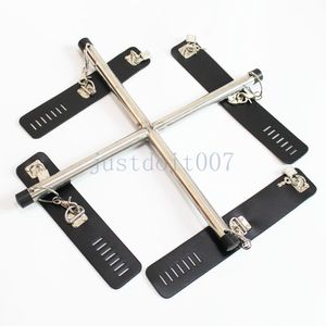 Bondage Leather Steel Hot Tie Manette Polsino alla caviglia Spreader Bar Cross Ritenuta chiudibile a chiave #R45