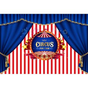 Röda och vita Stripes Circus Födelsedagsfest Bakgrund Tryckt Blå Gardin Fyrverkstecken Prince Baby Boy Stage Foto Bakgrund