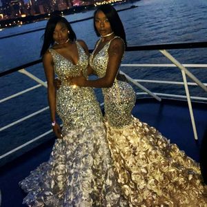 Luksusowe Afryki Prom Dresses V Neck Major Frezowanie Rose Train Mermaid Suknie Wieczorowe Bez Rękawów Vestidos de Fiesta Quinceanera Suknie