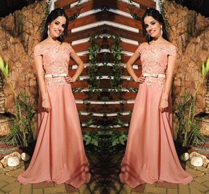 Peach A Line Chiffon Off Shoulders Prom Dresses Lace Beaded Long Sweep Train Evening Gowns With Sash Belt Cheap Formal Party Wear