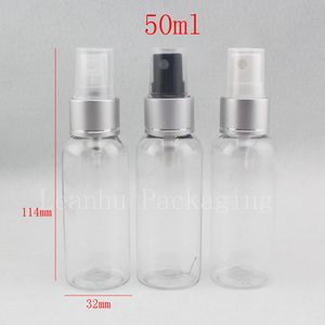 Partihandel 50ml x 50 Clear Cosmetic Bottle Silver Aluminium Collar Spray Pump 50cc Parfym Tom Plast Pistra Sprayer Flaskor