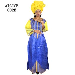 女性のためのエスニック服アフリカのドレスファッション新しいバジン刺繍デザインドレススカーフ付きロングドレス2 PCS ONE SET A068＃