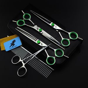 Professional Freelander 7.0 cal Pet Hair Cięcie / Nożyczki do przeniesienia nożyczki Fishbone Black / Silver / Green With Case