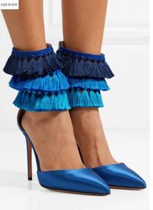 2018 New arrival mulheres bombas sapatos de festa de salto fino borla azul bombas ponto toe franja sapatos de salto alto vestido sapatos