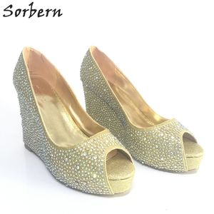 Silver Rhinestone Bröllop Skor Wedge Peep Toe 2015 Kristaller Skräddarsydda Kvinnor Pumpar Platform Party High Heels Silver Gold Tillgänglig