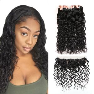 Ishow Hair Brazilian Water Wave Human Hair Bundles Human Hair Bundles with Closure 4Bundles With 13x2 Ear to Ear Lace Frontal Closure Weaves